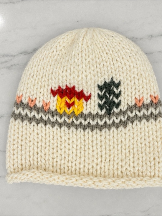 Handmade Wool Cream Knit Beanie with Colorful Pattern